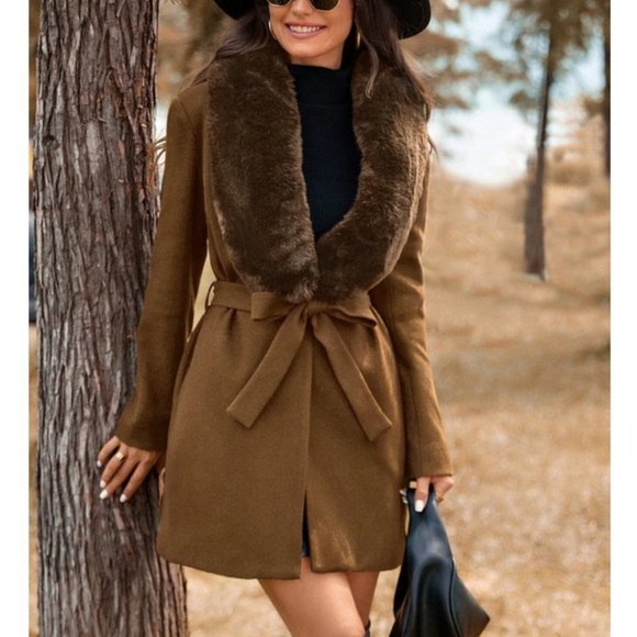 Boho Brown Faux fur trimmed neckline belted overcoat jacket - Picture 5 of 6
